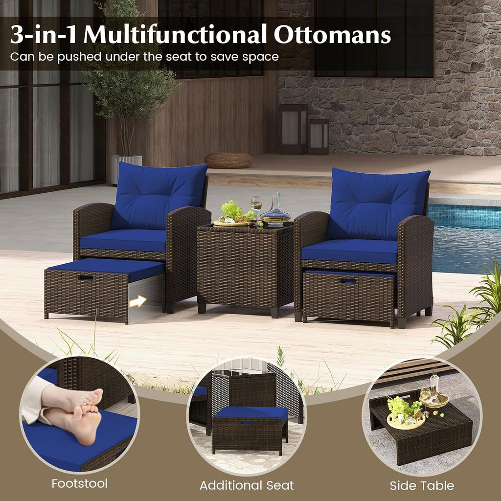 KOTEK 5 Pieces Patio Furniture Set with Ottomans, Wicker Patio Conversation Set with Coffee Table & Cushions, PE Rattan Outdoor Lounge Chairs for Backyard, Porch, Poolside (Mix Brown- Navy)