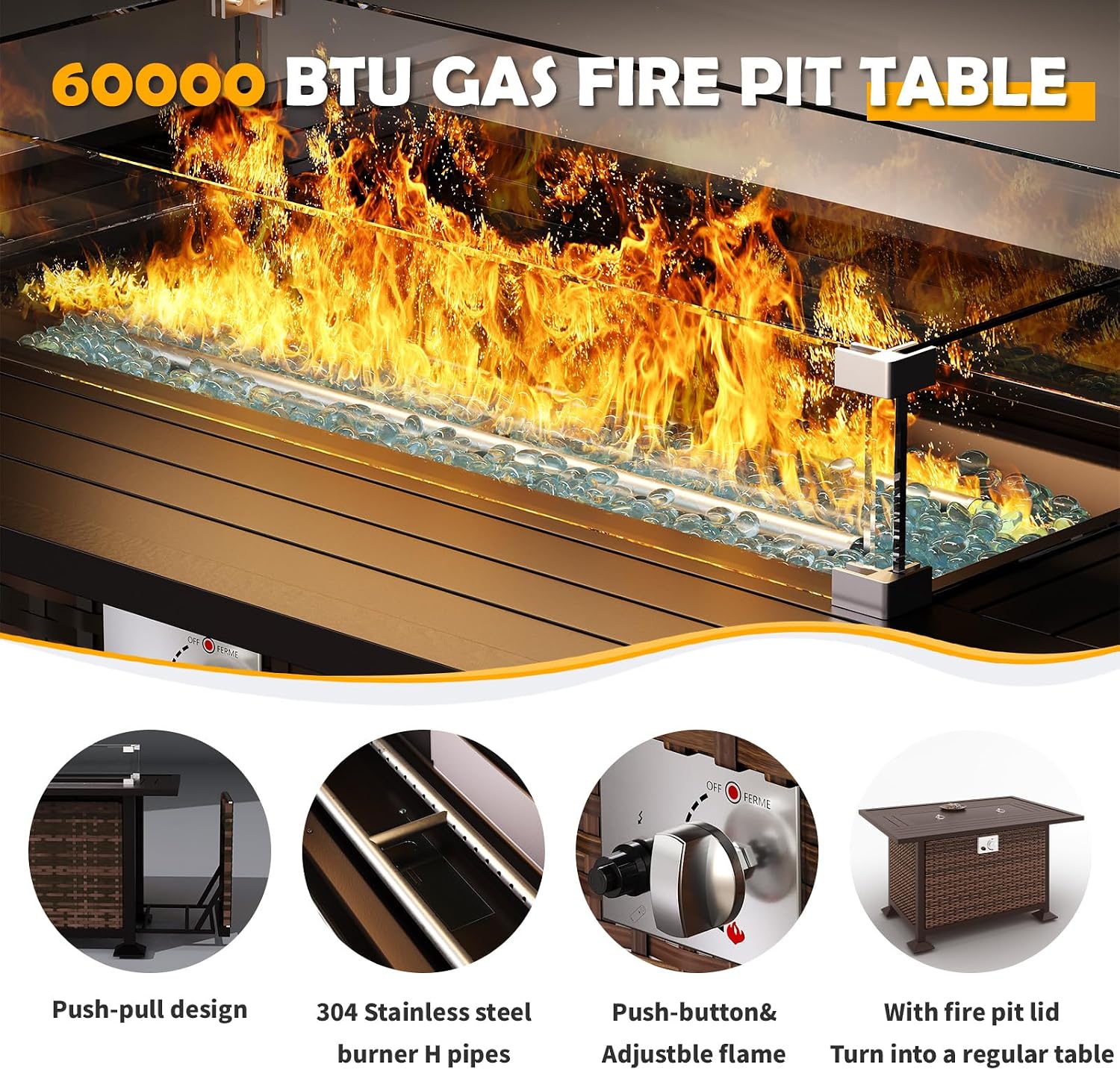 Amopatio Aluminum Patio Furniture Set with Fire Pit, 6 Pcs Metal Patio Sofa Sets with Metal Top Fire Pit Table, Modern Outdoor Furniture with 6' Cushion, Beige (Included Waterproof Covers)