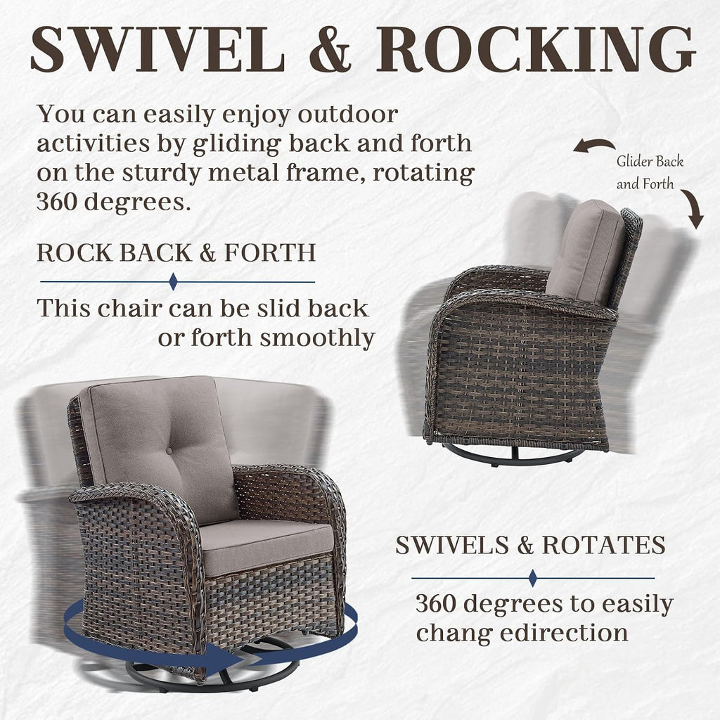 HUMMUH 5-Piece Patio Furniture Set with Fire Pit,Wicker Patio Glider Loveseat Outdoor Swivel Rocker Chairs for Backyard,Poolside,Deck