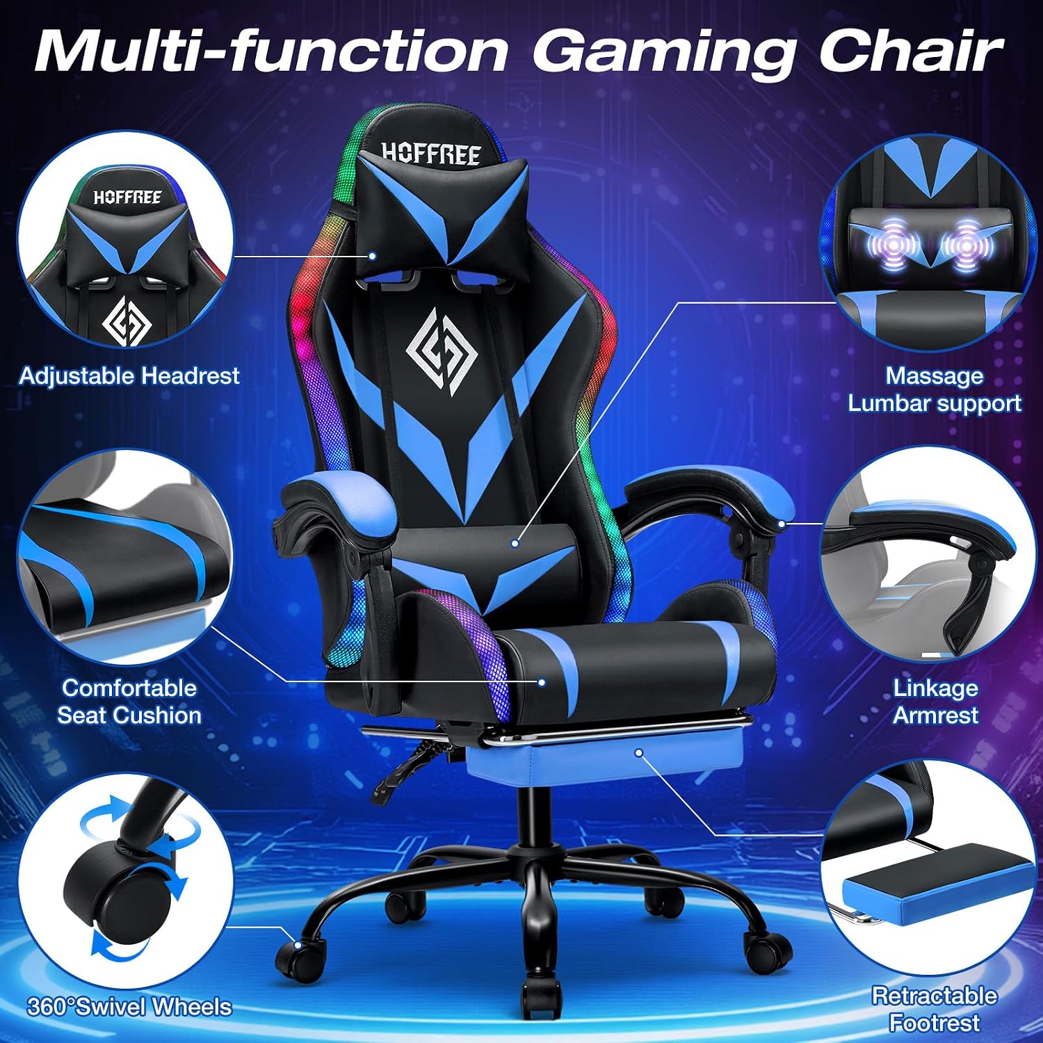 RGB Gaming Chair with Massage and LED Lights Ergonomic Video Game Chairs with Footrest High Back Reclining Computer Chair with Adjustable Lumbar Support Blue and Black