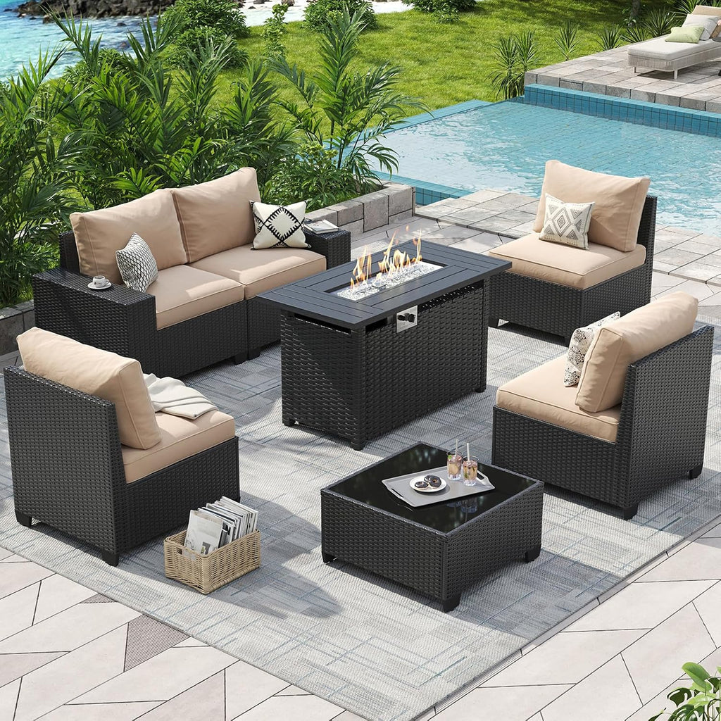 Aoxun Patio Furniture Set with 44'' Fire Pit Table, 7 Pcs Outdoor Patio Furniture Sets with 4in Thicken Cushion and Coffee Table, Widen Armrests Wicker Outdoor Sectional for Backyard & Garden, Beige