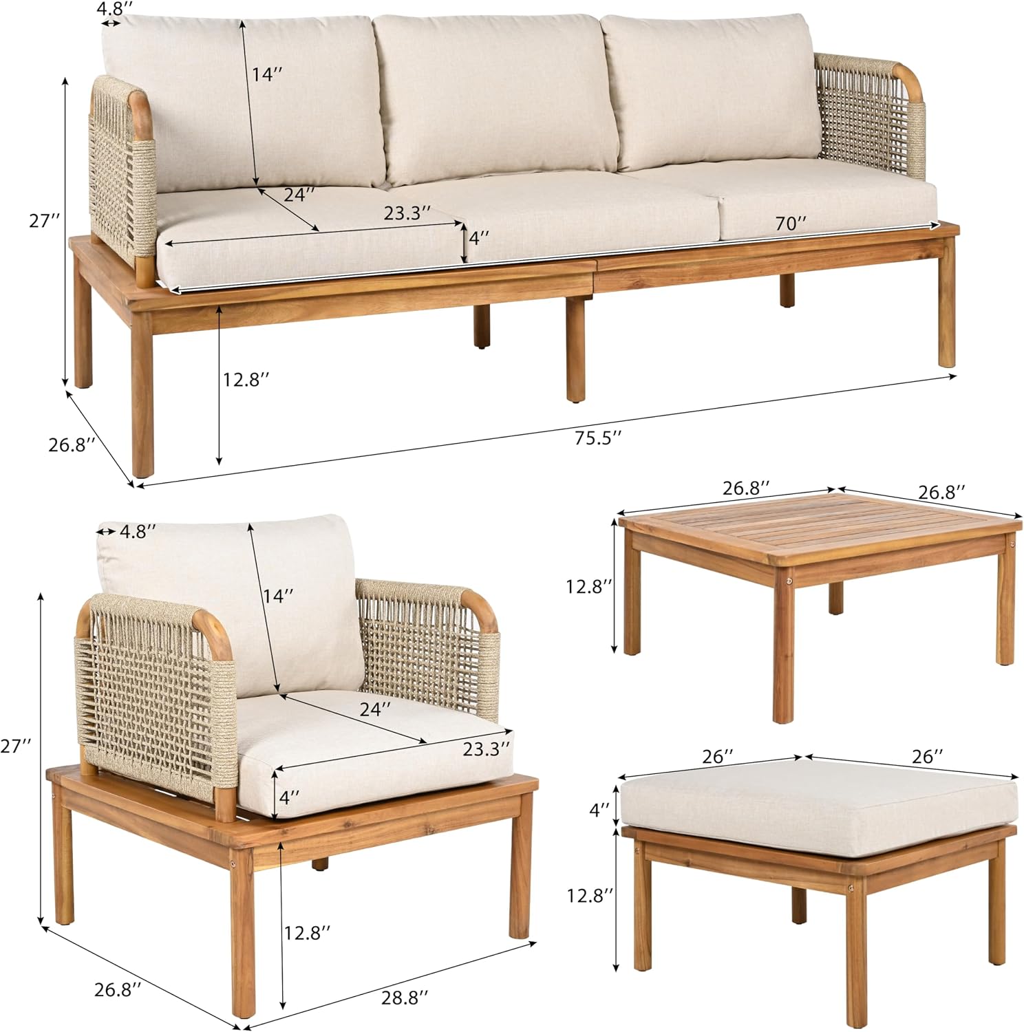 Acacia Wood Patio Multi-Person Sofa Set with Coffee Table and Removable Cushion, All-Weather Conversation Set Outdoor Seating for Garden Backyard Poolside Balcony (Teak+Beige-5PCS)