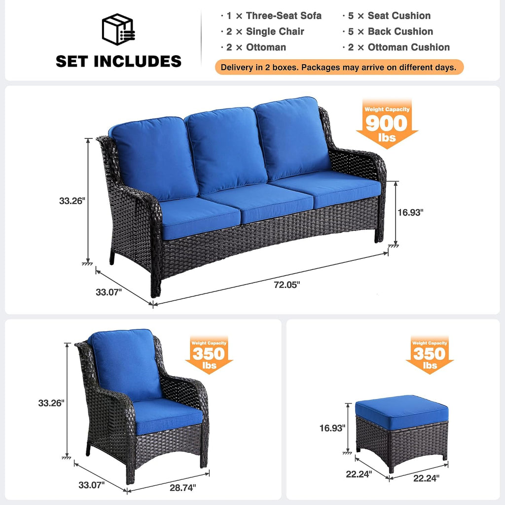 ovios 5-Pieces Patio Furniture Set, Outdoor Wicker Sofa Couch with Chairs Ottomans Comfy Cushions, High Back Modern All Weather Conversation Set, Brown Rattan, Navy Blue