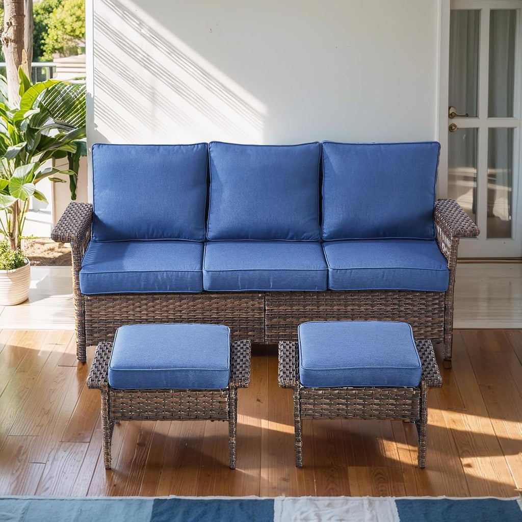 Patio Conversation Set: Wicker Sofa with 2 Rattan Ottomans, Blue Cushions, 3pcs for Patio, Garden, Balcony, Sunroom, Backyard, Deck, Poolside