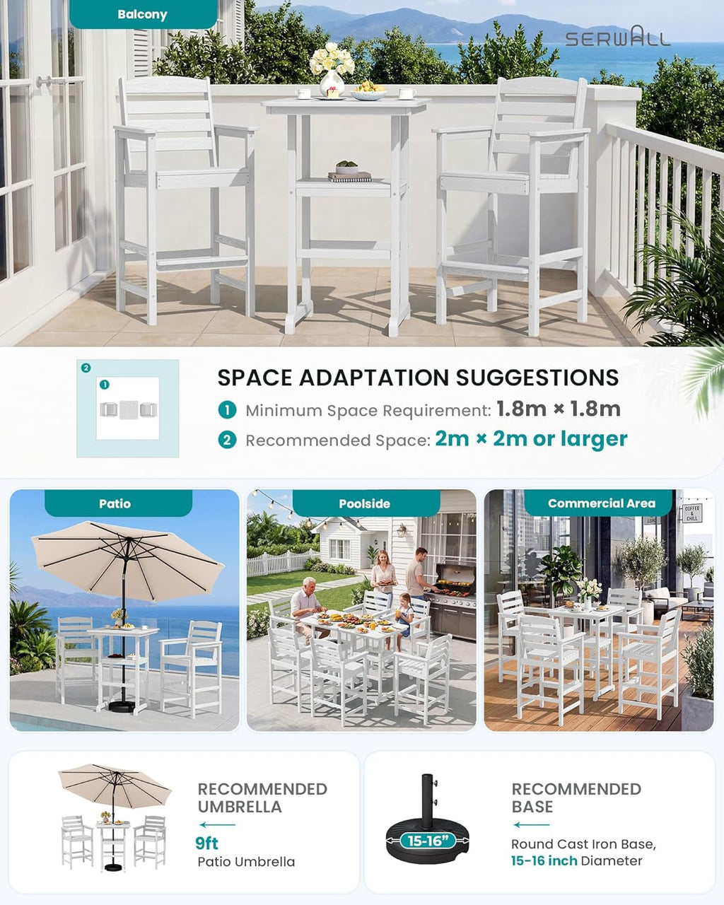 SERWALL Balcony Adirondack Chairs and Table 3 Pieces Set, Oversize Adirondack Bar Height Chairs Set of 2 and Bar Table, Outdoor Bar Stools Set, White