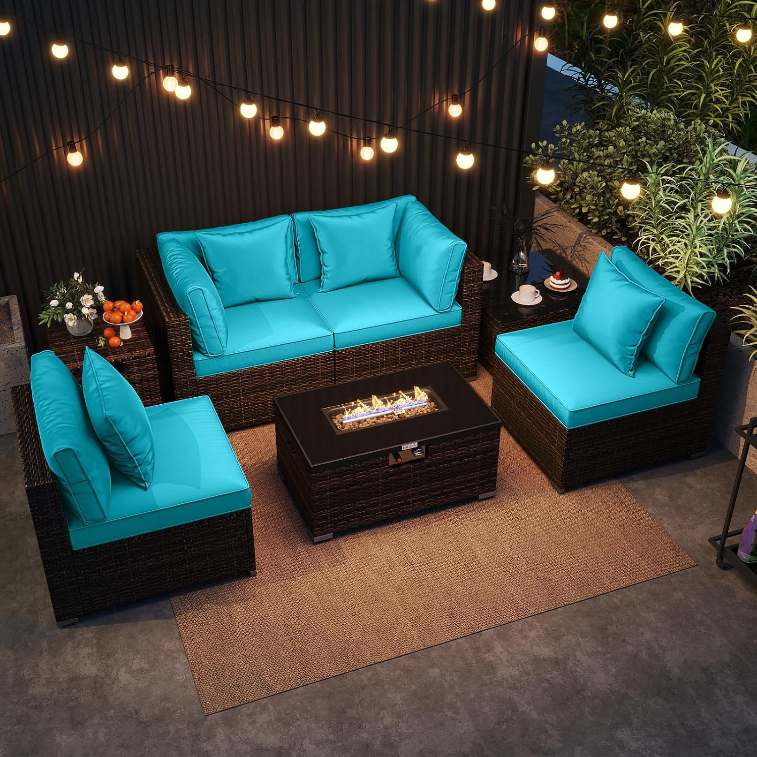 Tangkula 7 Pieces Wicker Patio Furniture Set with 40,000 BTU Gas Fire Pit Table & Propane Tank Cover Table & Glass Top Coffee Table, for Garden, Backyard and Poolside (Turquoise)