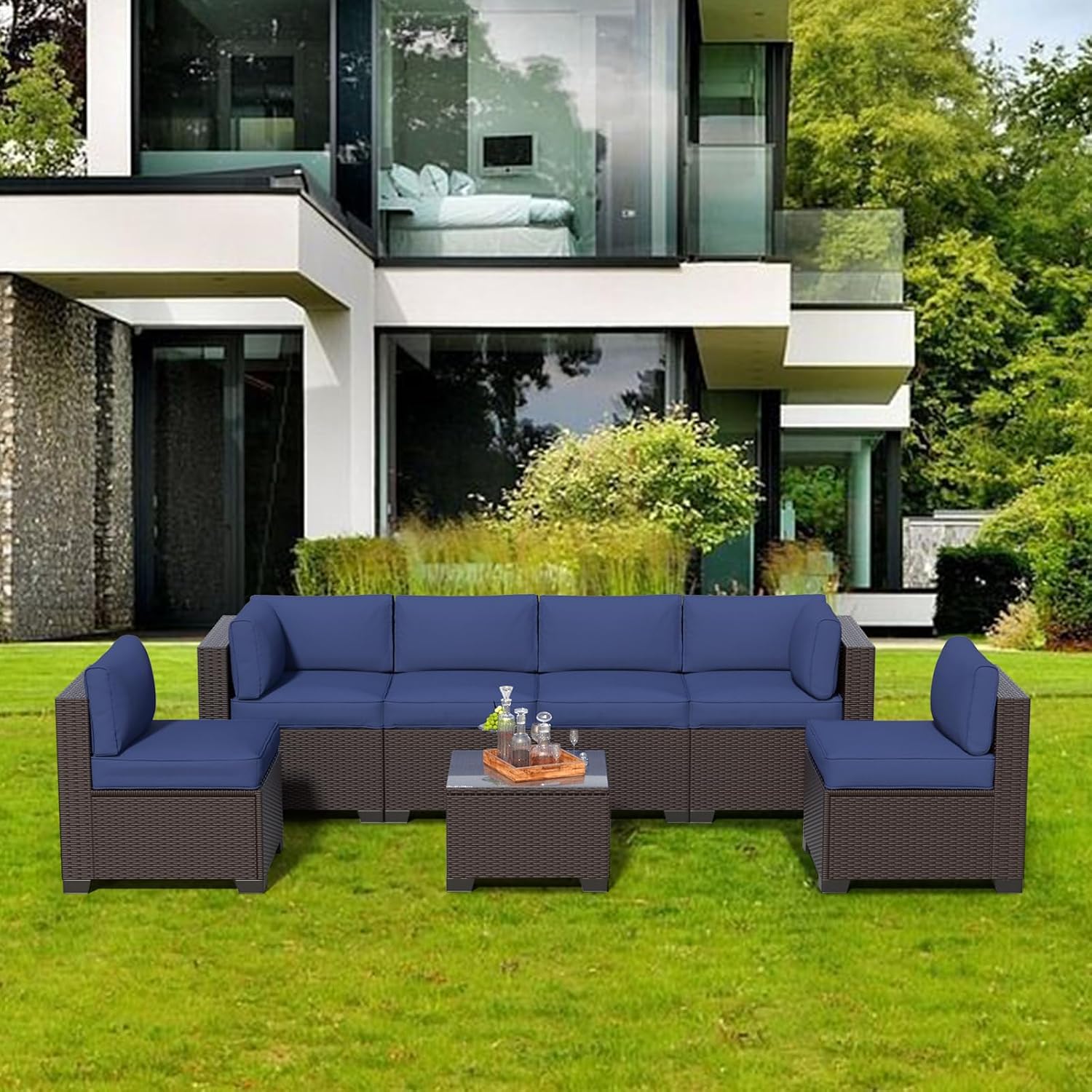Patio Furniture Set (Dark Brown Rattan & Dark Blue Cushions, 7 Pieces)
