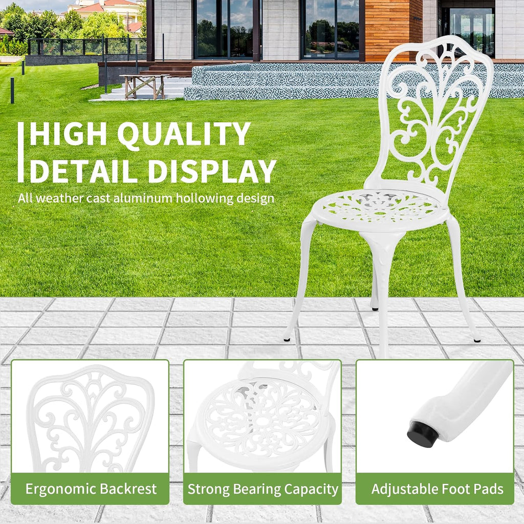 Bistro Set 3 Piece Outdoor Cast Aluminum Patio Bistro Set with Umbrella Hole, All Weather Bistro Table and Chairs Set, Small Patio Furniture Set for Garden, Porch,White