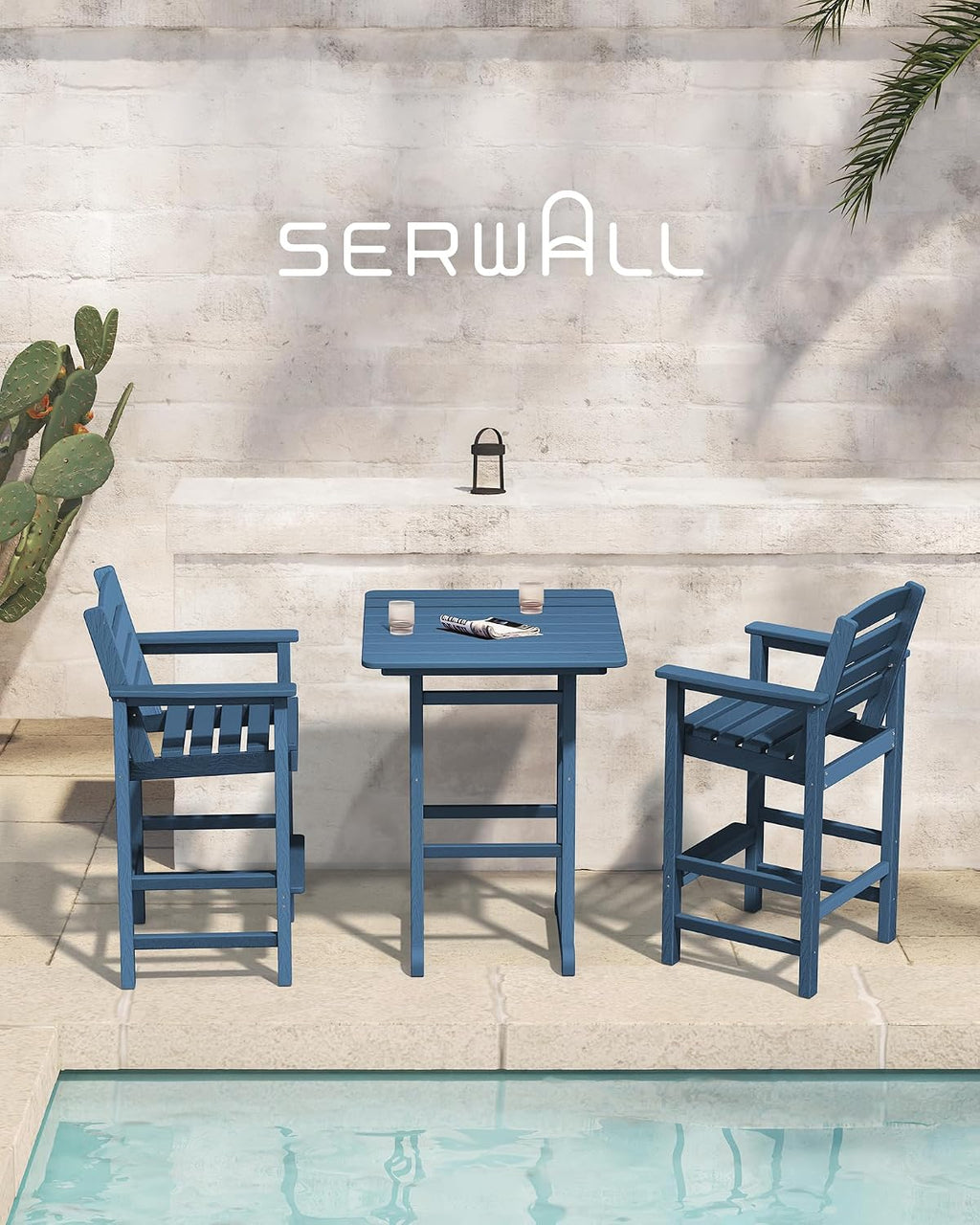 SERWALL 8 Pieces Balcony Adirondack Chairs and Table Set, Adirondack Bar Height Chairs Set of 6 and 2 Bar Table, Outdoor Bar Stools Set, Blue