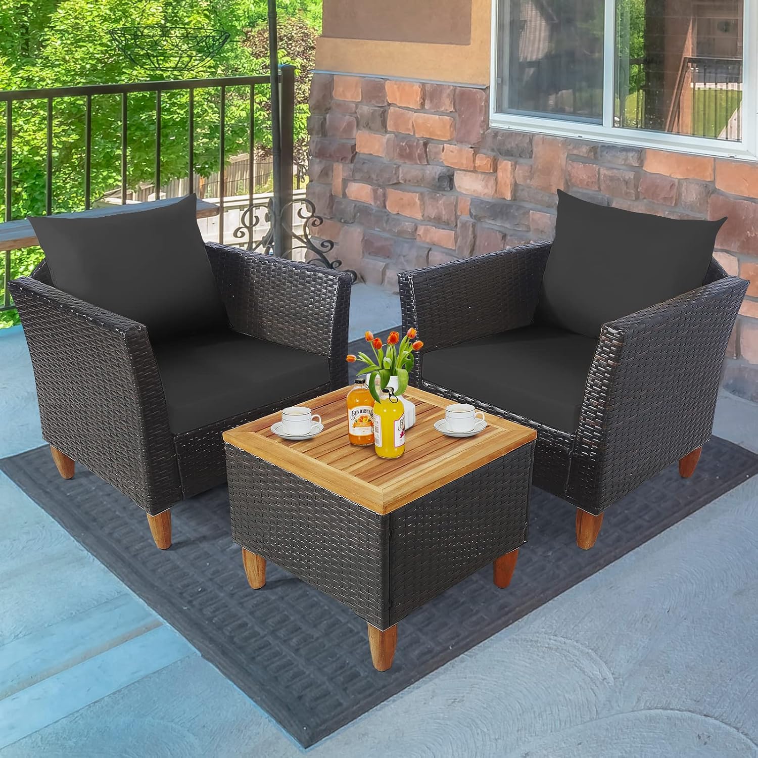 Tangkula 3-Piece Patio Furniture Set, Patiojoy Outdoor PE Wicker Bistro Set with Soft Cushions and Solid Acacia Wood, Outdoor Conversation Set with Porch, Balcony and Garden (Black)