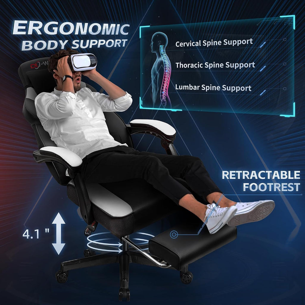 DL-win Video Gaming Chair for Adults, Computer Chair with Footrest and Ergonomic High Back, Big and Tall Gamer Chair with Massage Lumbar Support, 360° Swivel Height Adjustable Computer Chair, White
