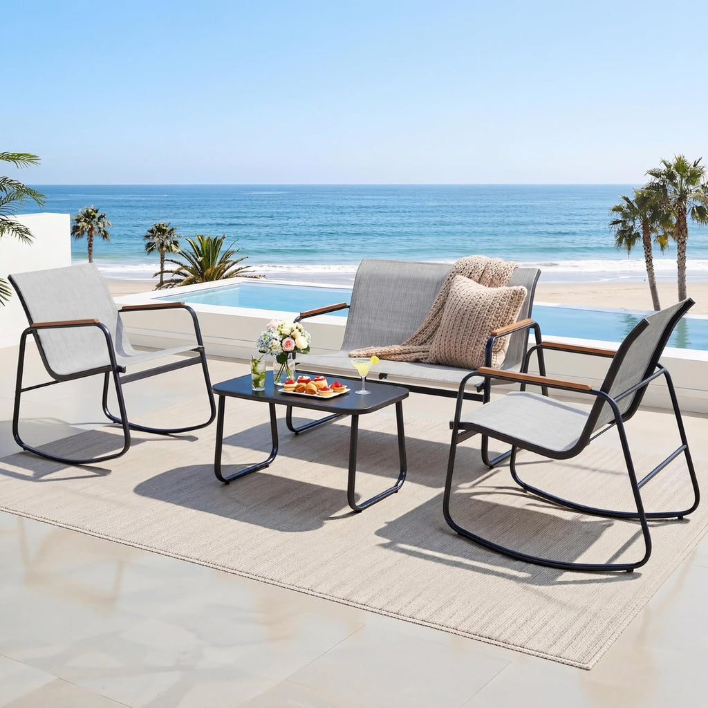 YITAHOME 4 Pieces Patio Furniture Set, Outdoor Textilene Conversation Sets Rocking Bistro Chairs, Loveseat and Glass Table for Living Room Lawn Garden Balcony Poolside Backyard (Grey)