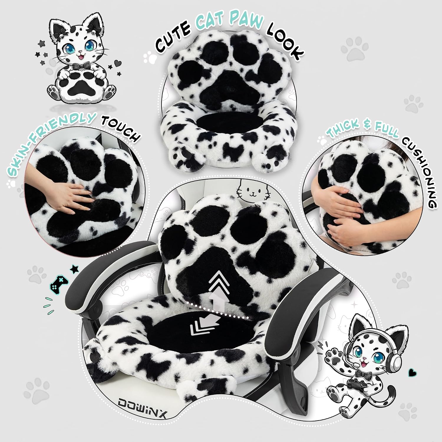 Dowinx Gaming Chair with Cat Ears and Paw Lumbar Pillow, Ergonomic Reclining Chair, Memory Foam and Spring Cushion, Footrest, 300lbs Capacity, Cute and Comfortable Design for Women & Girls