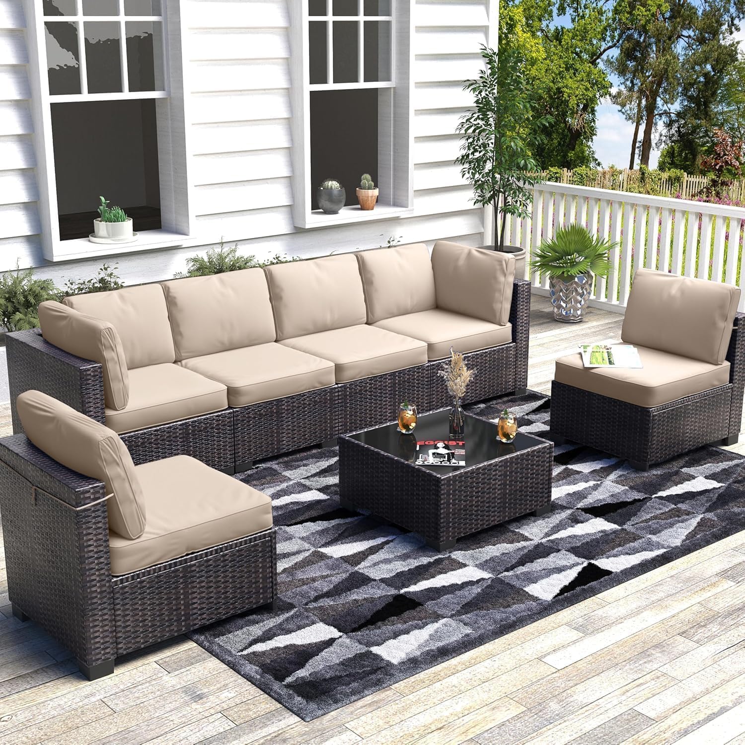 Garvee 7 Pieces Outdoor Patio Furniture Set, Rattan Wicker Sofa Set with Soft Cushions and Coffee Table, All-Weather Outdoor Furniture for Garden, Porch, Poolside, Brown&Beige