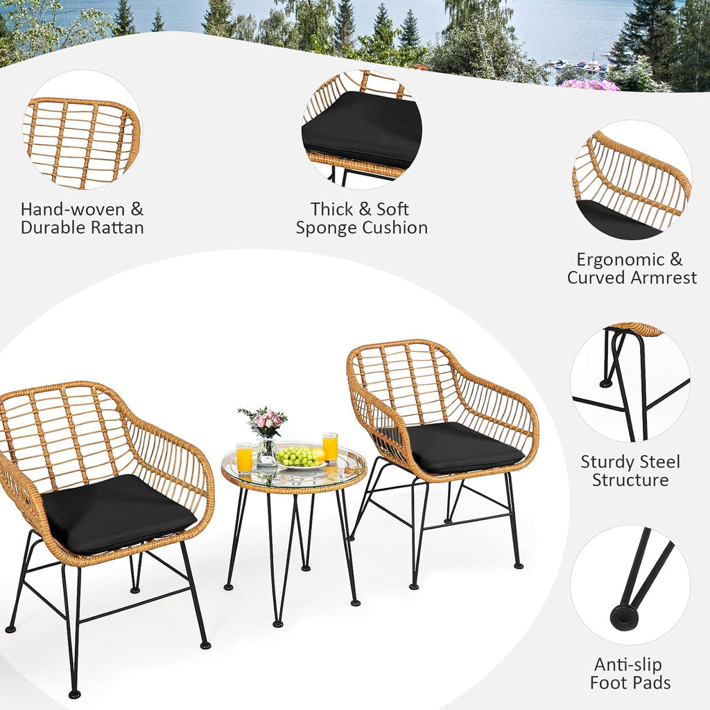 Tangkula 3 Pieces Patio Bistro Set, Rattan Conversation Set with 2 Cushioned Armchairs & Round Glass Coffee Table, Indoor Outdoor Wicker Furniture Set for Balcony, Backyard, Garden, Poolside