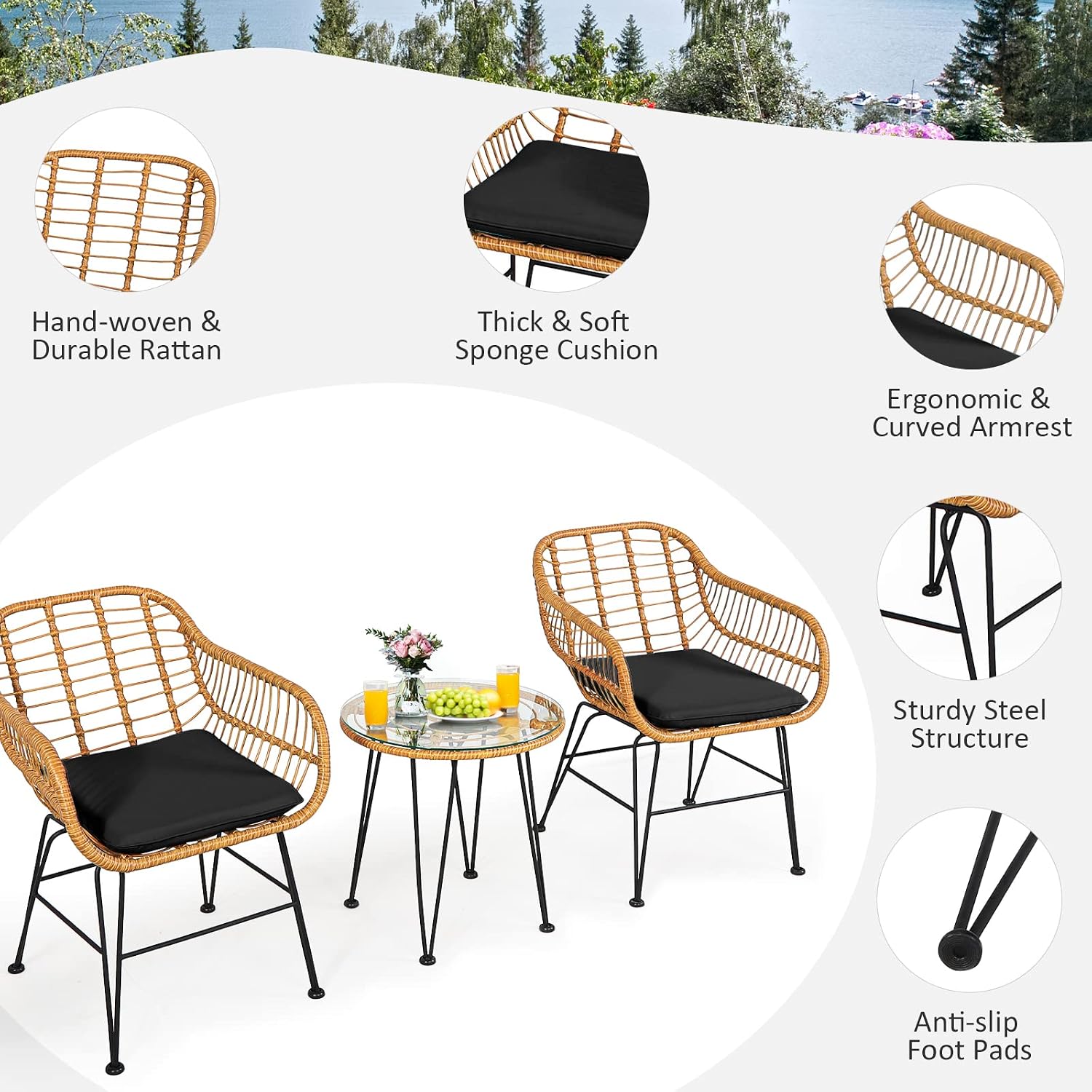 Tangkula 3 Pieces Patio Bistro Set, Rattan Conversation Set with 2 Cushioned Armchairs & Round Glass Coffee Table, Indoor Outdoor Wicker Furniture Set for Balcony, Backyard, Garden, Poolside
