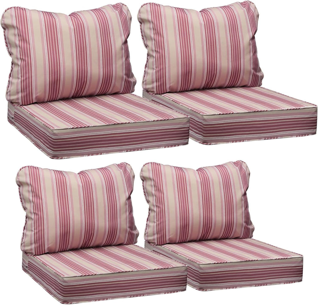 AAAAAcessories Outdoor Seat Cushions for Chairs, Fade-Resistant, Waterproof Patio Furniture Replacement Cushions, 23.5' x 25.5' x 5' + 23.5' x 19', Set of 4, Dusty Rose Garden Stripe