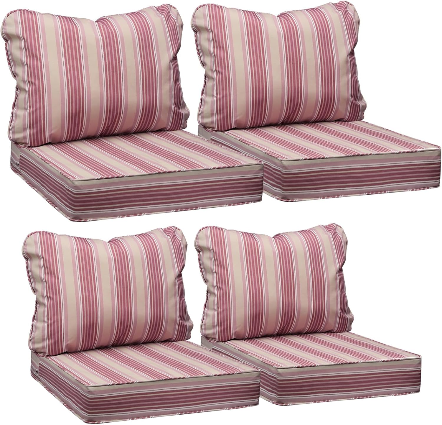 AAAAAcessories Outdoor Seat Cushions for Chairs, Fade-Resistant, Waterproof Patio Furniture Replacement Cushions, 23.5' x 25.5' x 5' + 23.5' x 19', Set of 4, Dusty Rose Garden Stripe