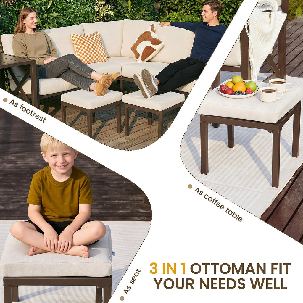 NATURAL EXPRESSIONS 8 Pieces Patio Furniture Sets,Metal Outdoor Sectional Furniture L Shape Conversation Sets with Dining Table,2 Ottomans,Highback Frame,Large Waterproof Cover, 6.5' Cushions for Yard