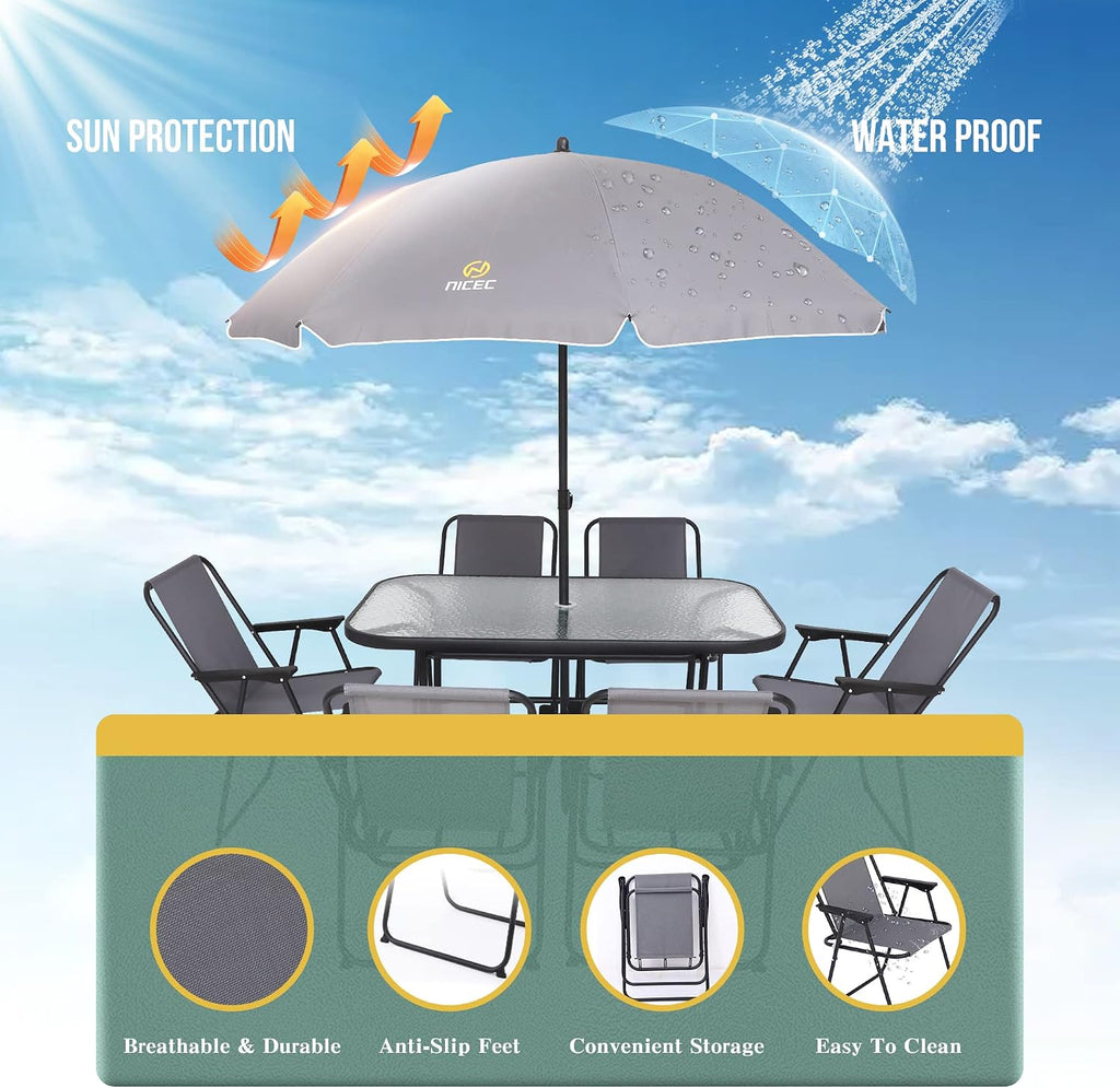 Nice C Outdoor Dining Sets, Patio Furniture Set, 8 Piece Set with Umbrella, Garden Outdoor Furniture Table Set with Removable Umbrella, Glass Table, and 6 Folding Chairs (Grey)