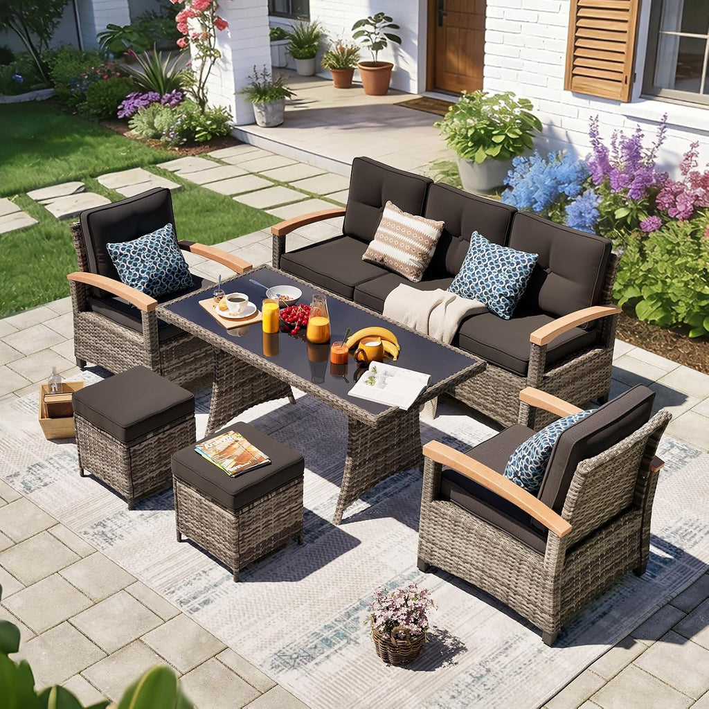 MEISSALIVVE 6 Pieces Patio Furniture Sets, PE Wicker Outdoor Conversation Sets with 2 Wood Armrests Swivel Glide Chairs, 2 Ottomans and Dining Table (Black)