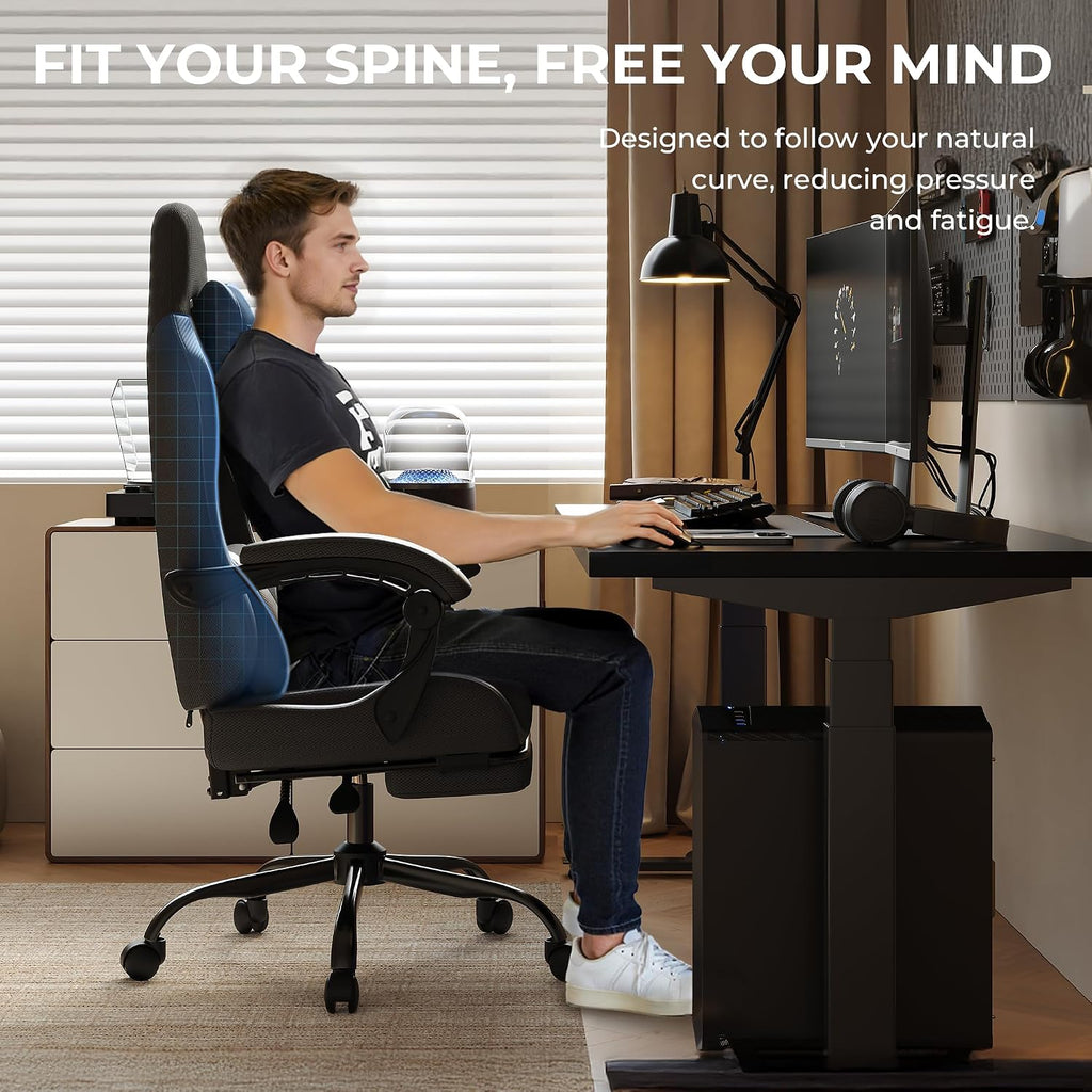 Gaming Chair with Footrest, Ergonomic 330lbs Leather Mesh Chair, Massage Lumbar Support, Adjustable Height & Headrest Pillow, Breathable Seat for Office, Home, Streaming, Long Gaming Sessions, Black