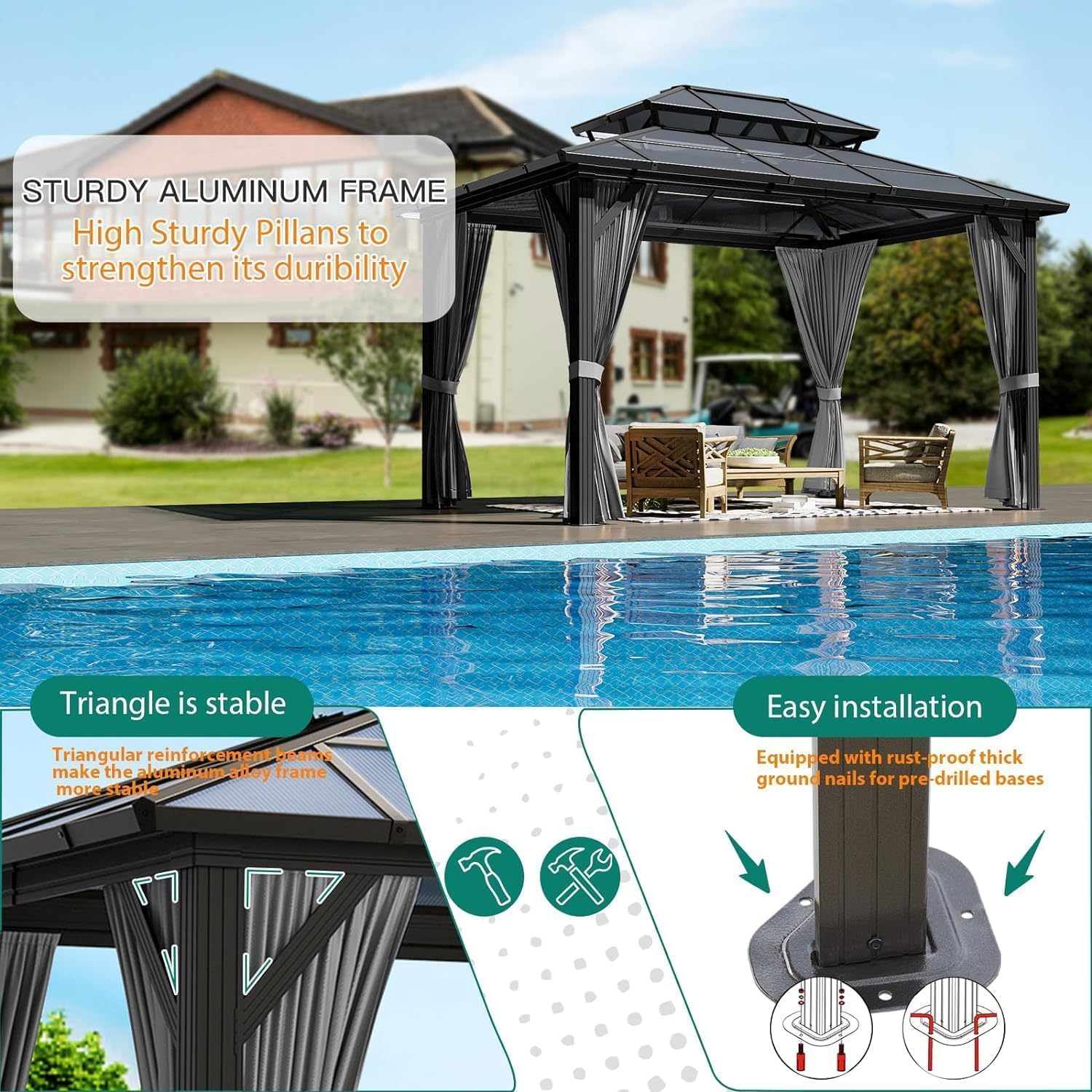Hardtop Gazebo 10'x13' Double-Layer Polycarbonate Double Roof, Aluminum Frame Pavilion with Privacy Curtains and Netting All-Season for Patio, Garden, Hot Tub & Backyard