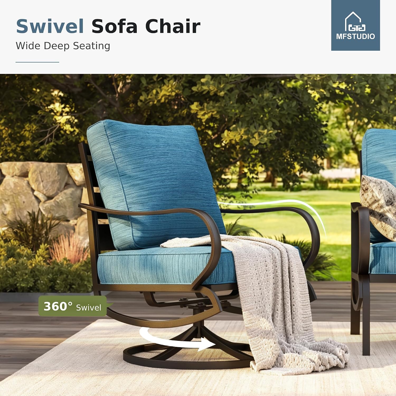 MFSTUDIO Metal Patio Conversation Sets, Outdoor Furniture Sofas Set of 2, 2 Pieces Durable Steel Frame Patio Swivel Chairs with 5.8' Peacock Blue Cushions for Patio Garden Backyard Balcony