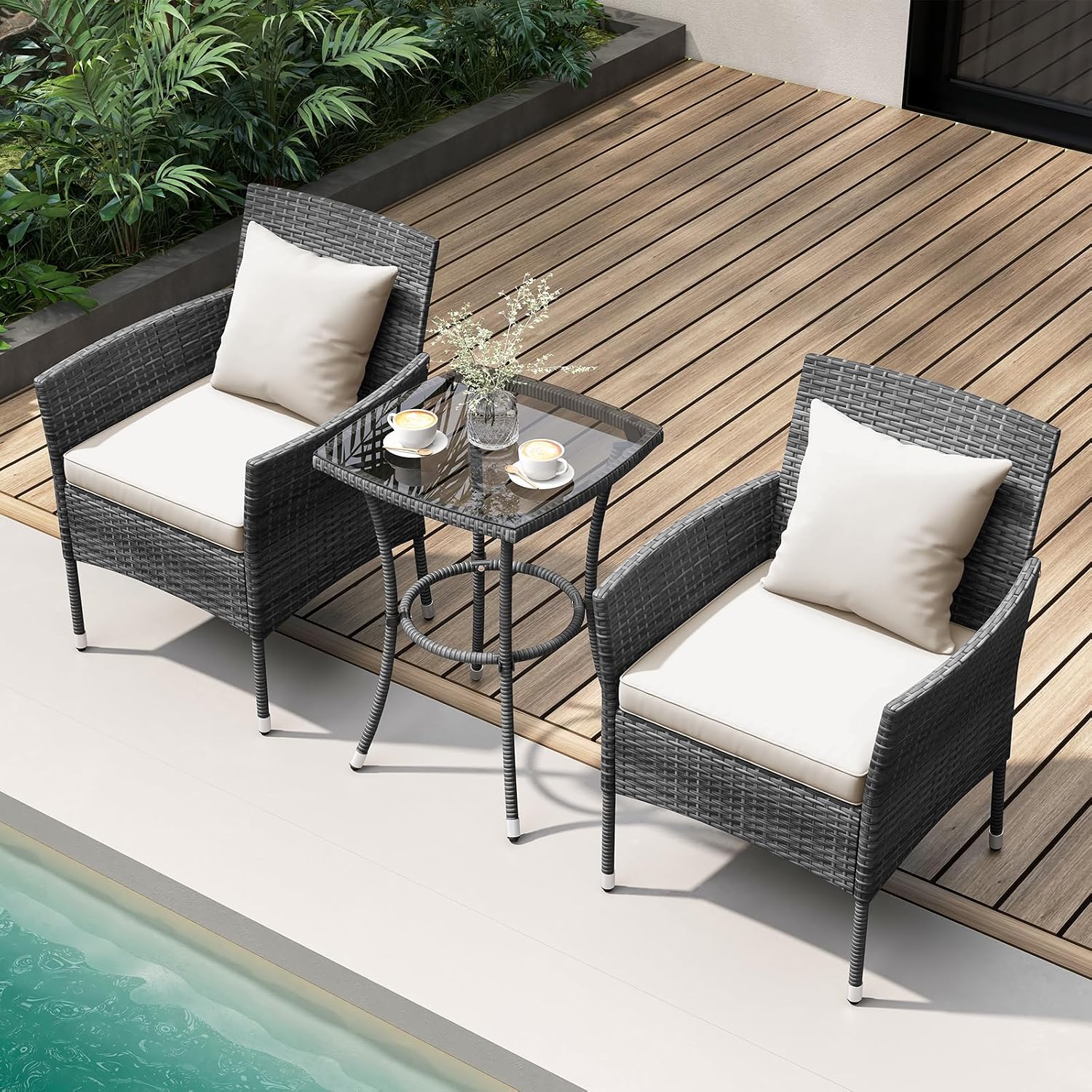 Tangkula 3-Piece Patio Furniture Set, PE Wicker Conversation Bistro Set w/A Tempered Glass Table & 2 Cushioned Chairs, Outdoor Table & Chairs Set for Patio Porch Yard Garden (Mix Gray+Off White)