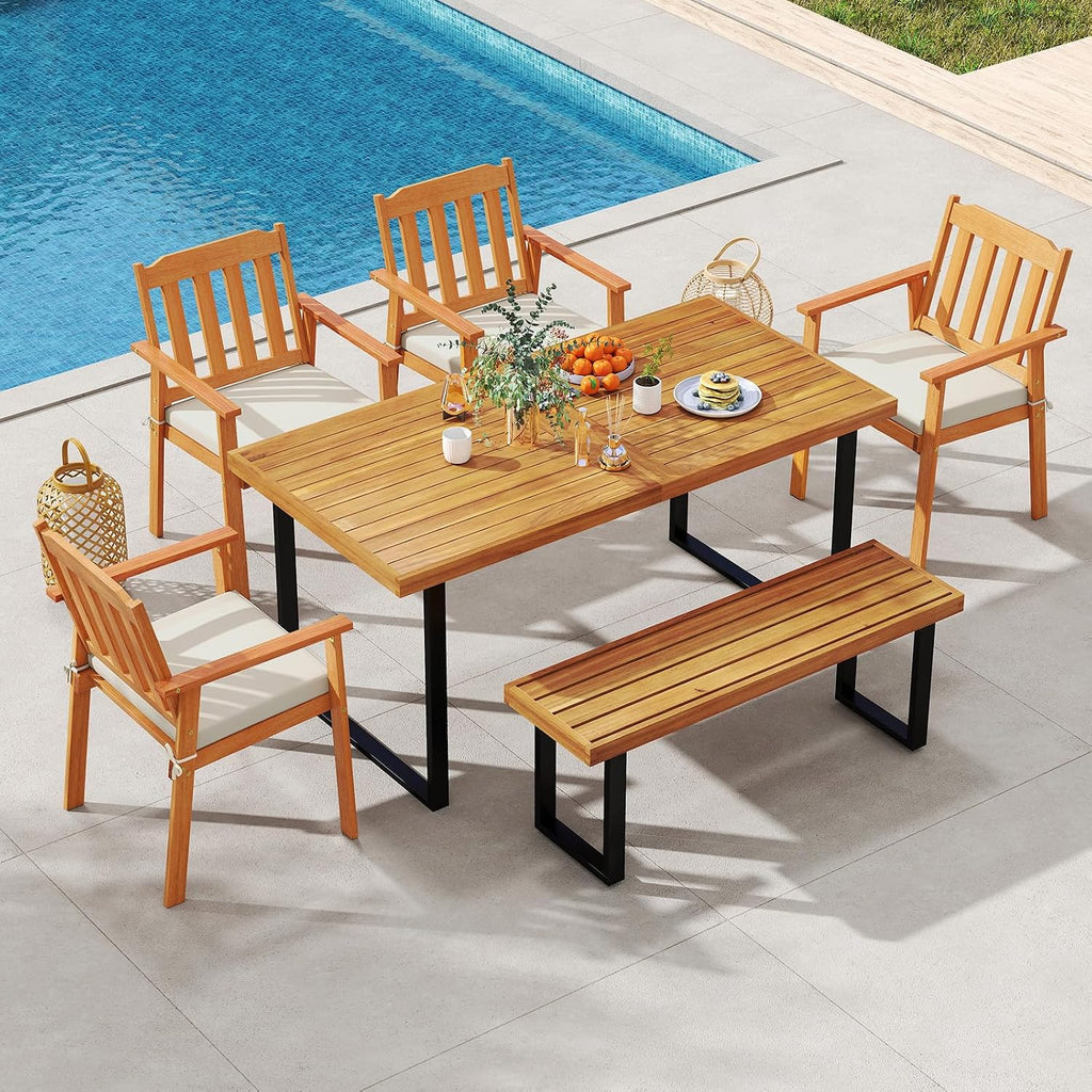 Tangkula 6 Pieces Patio Dining Table Set, 63' Rectangle Acacia Wood Table with Umbrella Hole and 4 Cushioned Armchairs and Backless Bench, Outdoor Dinette Furniture for Garden Yard Kitchen