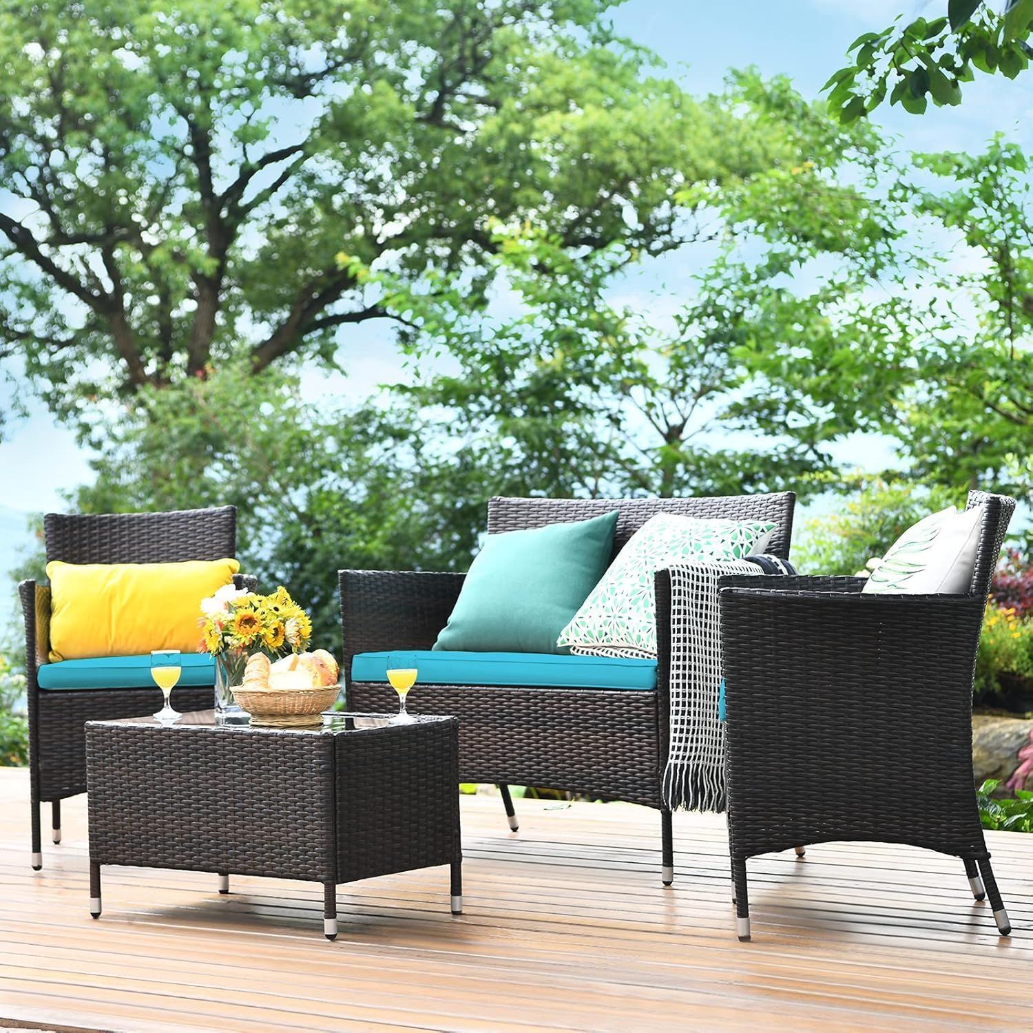 COSTWAY Outdoor Rattan Patio Furniture Set 4 Pieces, Wicker Rattan Cushioned Conversation Conversation Chairs with Coffee Table for Backyard Balcony Porch Poolside, Turquoise