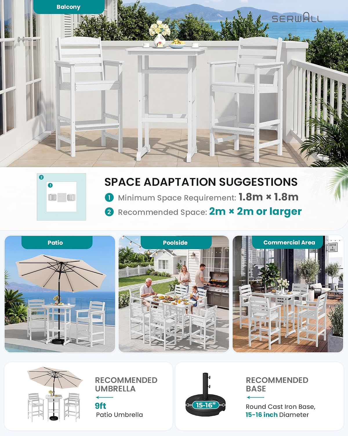 SERWALL 6 Pieces Outdoor Patio Bar Set with 9ft Umbrella, Outdoor HDPE Barstool and Table Furniture Set with Patio Umbrella, White