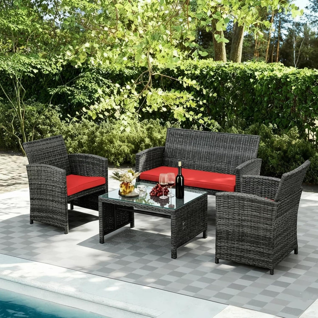 JAMFLY 4 Piece Outdoor Patio Furniture Set, Outdoor Wicker Rattan Chairs Conversation Sets with Cushions & Coffee Table for Outside, Garden, Balcony, Porch, Red