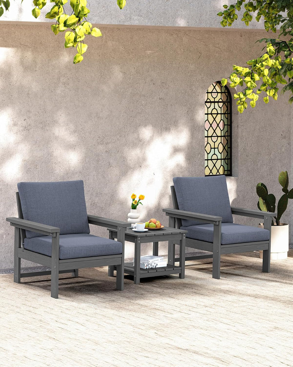SERWALL HDPE Patio Sofa Set, 3-piece Sectional Outdoor Furniture Set, All Weather Outdoor Couch Set Patio Furniture Set for Deck, Lawn, Grey Frame with Grey Cushion