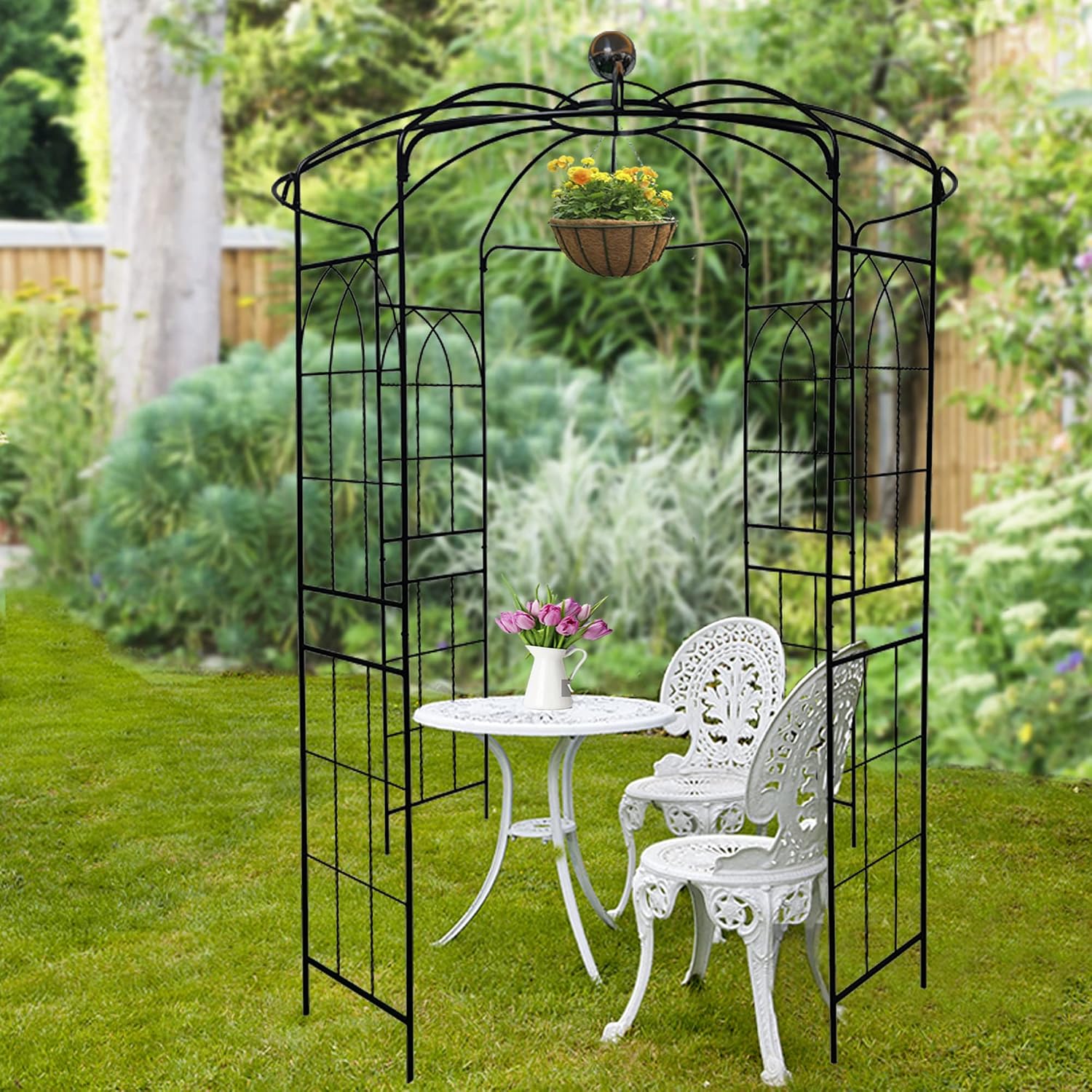 Metal Gazebo Birdcage Shape, Garden Trellis Arbor Arch for Climbing Plants Stand Rack Pergola Pavilion French Style Wedding Decoration Lawn Vines Roses, 81.3''W x 114.2'' H