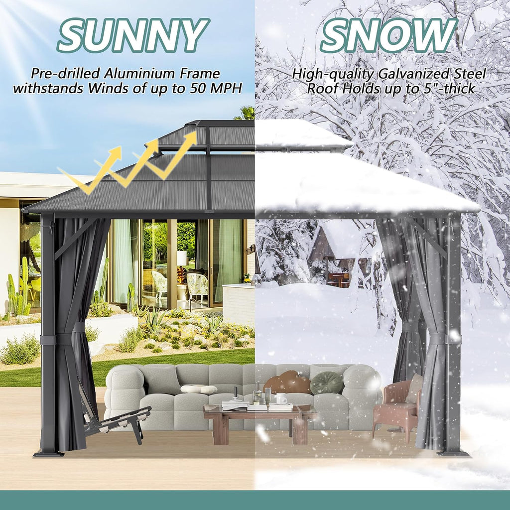 10'x12' Hardtop Gazebo, Outdoor Polycarbonate Gazebo with Netting & Shaded Curtains, Aluminum Frame Heavy Duty Gazebo for Patio, Backyard, Deck and Lawn