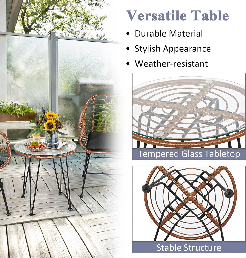 Tangkula 3 Pieces Patio Conversation Bistro Set, Outdoor Wicker Furniture w/Round Tempered Glass Top Table & 2 Rattan Armchairs, Bistro Chat Set w/Seat Cushions for Porch, Backyard, Garden