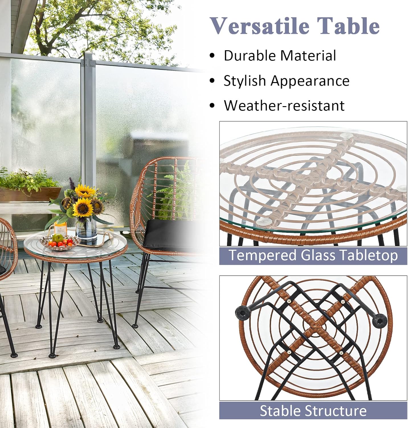 Tangkula 3 Pieces Patio Conversation Bistro Set, Outdoor Wicker Furniture w/Round Tempered Glass Top Table & 2 Rattan Armchairs, Bistro Chat Set w/Seat Cushions for Porch, Backyard, Garden
