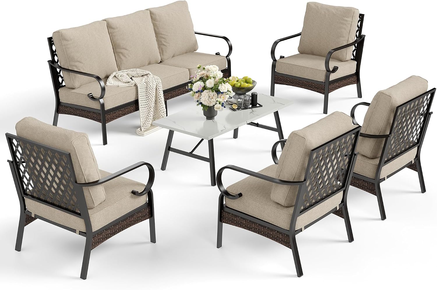 SUNSHINE VALLEY 6 Piece Metal Outdoor Patio Furniture Sets, Patio Conversation Sets 1 3-Seater Sofa, 4 Single Sofa with 5.75' Extra Thick Cushion & Coffee Table, Black Frame Backyard Furniture, Beige