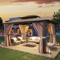 Aoxun 10'x12' Hardtop Gazebo, Aluminum Frame Permanent Pavilion with Netting and Curtains, Outdoor Polycarbonate Double Roof Canopy with Ceiling Fan, Designed for Lawn, Garden, Patio, Brown