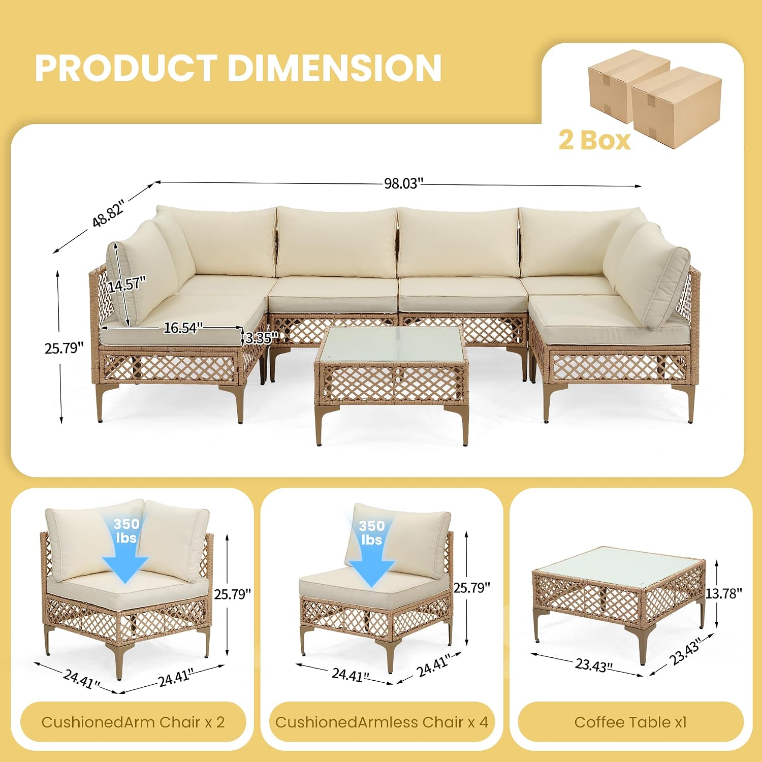 PORWEY 7 Piece Patio Furniture Set, Outdoor Wicker Sectional Conversation Set with Water Resistant Thick Cushions & Tempered Glass Coffee Table for Backyard, Porch, Yellow/Beige