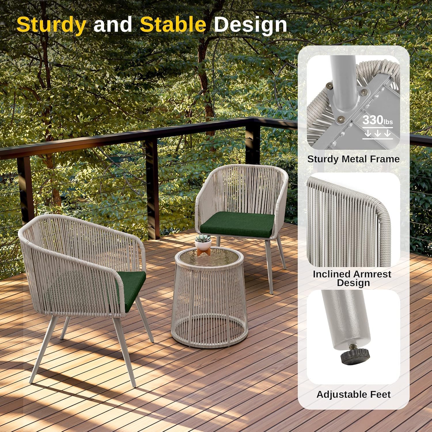 East Oak 3-Piece Patio Bistro Set, Patio Conversation Set with 2 Wide Ergonomic Chairs, Cushions & Glass Top Side Table, Outdoor All-Weather Wicker Furniture for Porch, Upgrade Ivory & Jungle Green