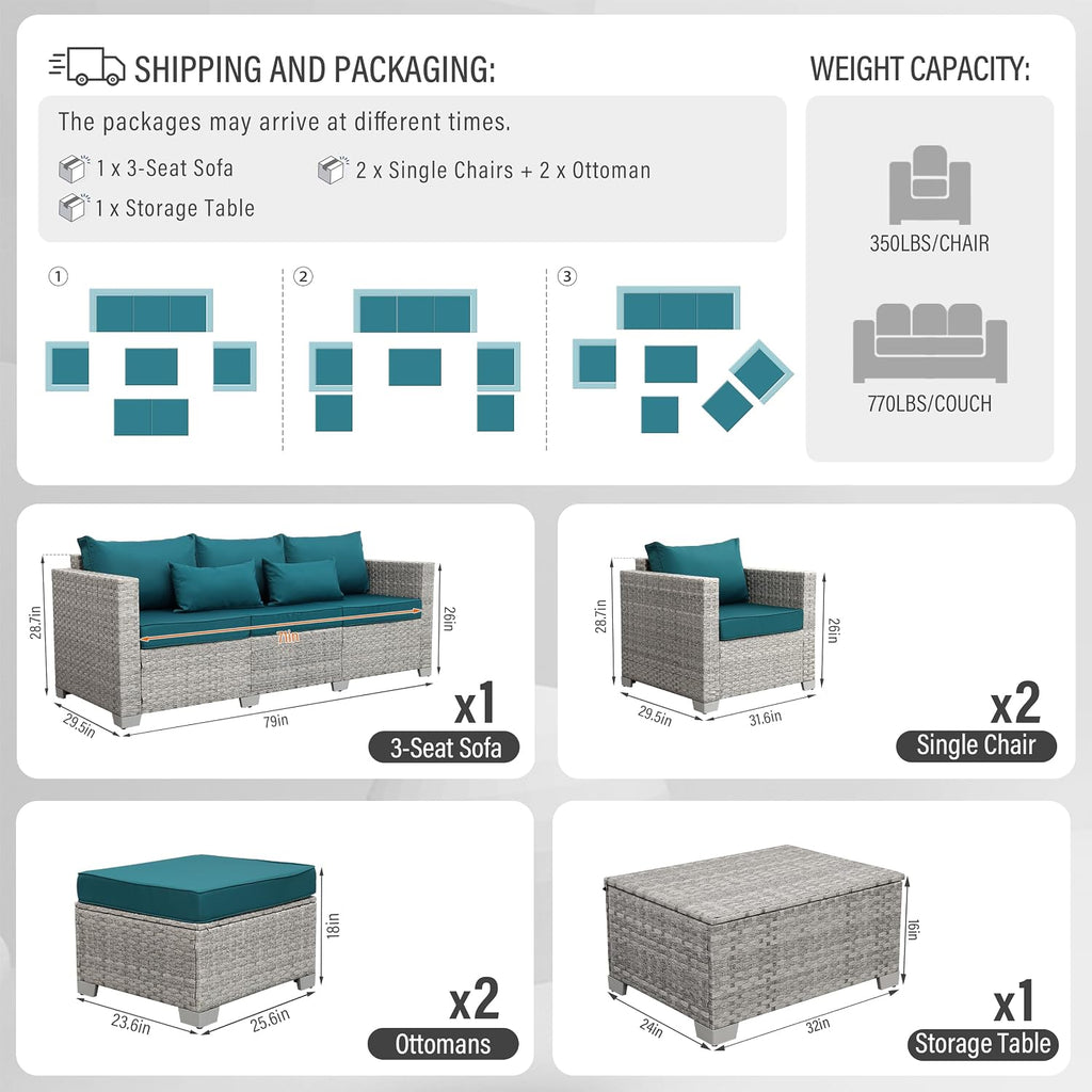 WAROOM Patio Furniture Set 6 Piece PE Rattan Outdoor Conversation Sets Grey Wicker Couch Sectional Sofa with Storage Coffee Table and Peacock Blue Cushion