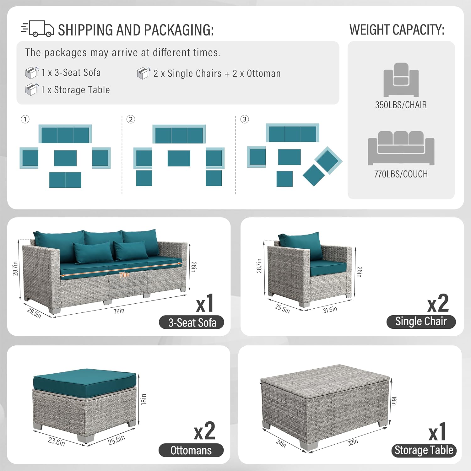 WAROOM Patio Furniture Set 6 Piece PE Rattan Outdoor Conversation Sets Grey Wicker Couch Sectional Sofa with Storage Coffee Table and Peacock Blue Cushion