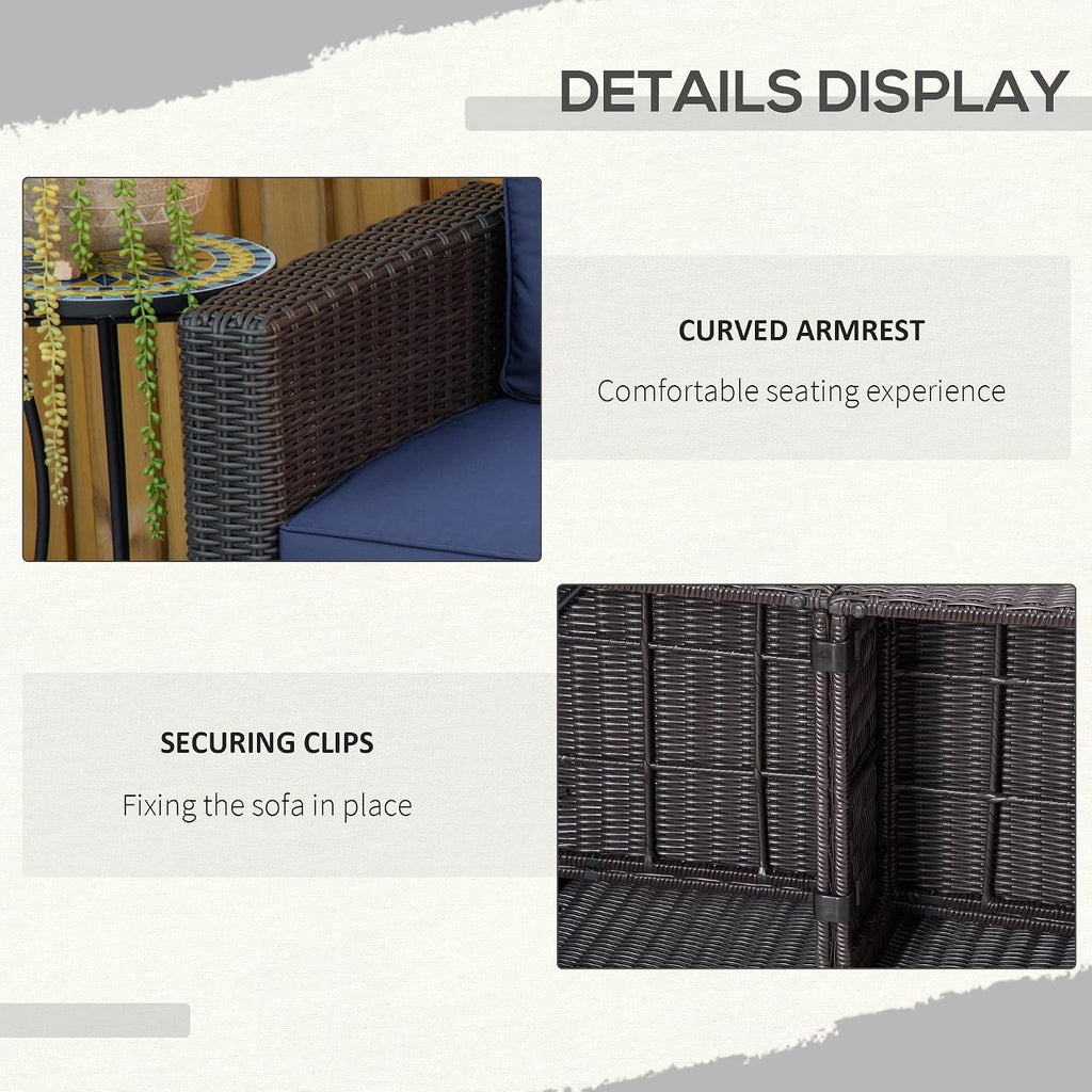 Outsunny 2 Piece Patio Wicker Corner Sofa Set, Outdoor PE Rattan Furniture, with Curved Armrests and Padded Cushions for Balcony, Garden, or Lawn, Dark Blue