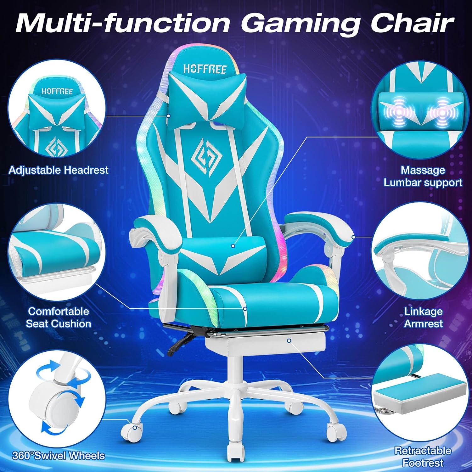 RGB Gaming Chair with LED Lights and Massage Ergonomic Computer Chair Cute with Footrest High Back Video Game Chair with Adjustable Lumbar Support Linkage Armrest Light Blue and White