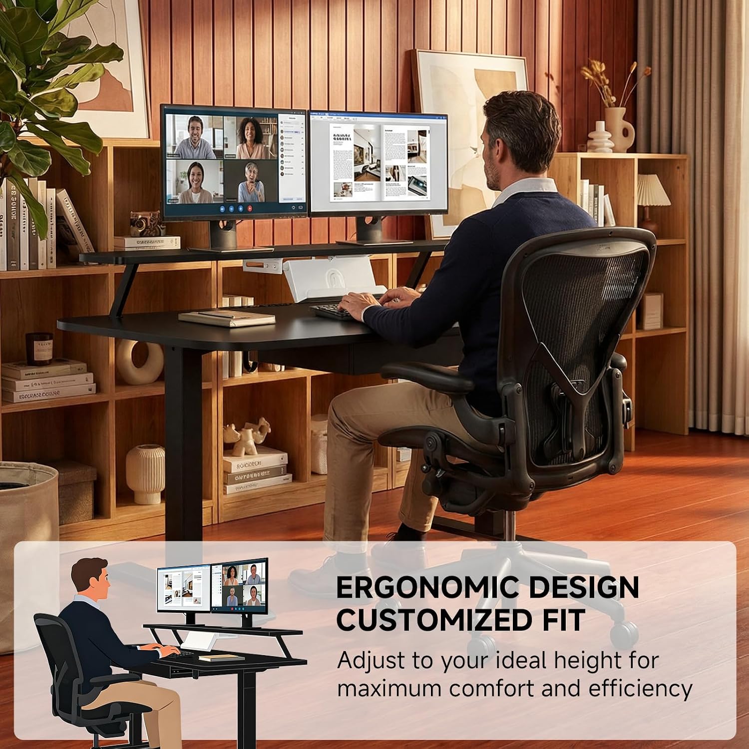 GTPLAYER Electric Standing Desk with Drawers, 48 x 24 Inches Height Adjustable Computer Desk with Monitor Stand, Laptop Stand, Home Office Sit Stand Up Desk with Memory Preset, Black