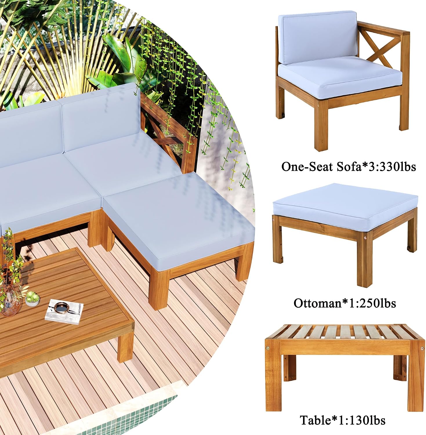 Upgrade Acacia Wood Outdoor Patio Sectional Sofa Set, 5-Piece All-Weather Conversation Sofa Set with Cushions and Side Coffee Table for Balcony Garden Backyard Poolside