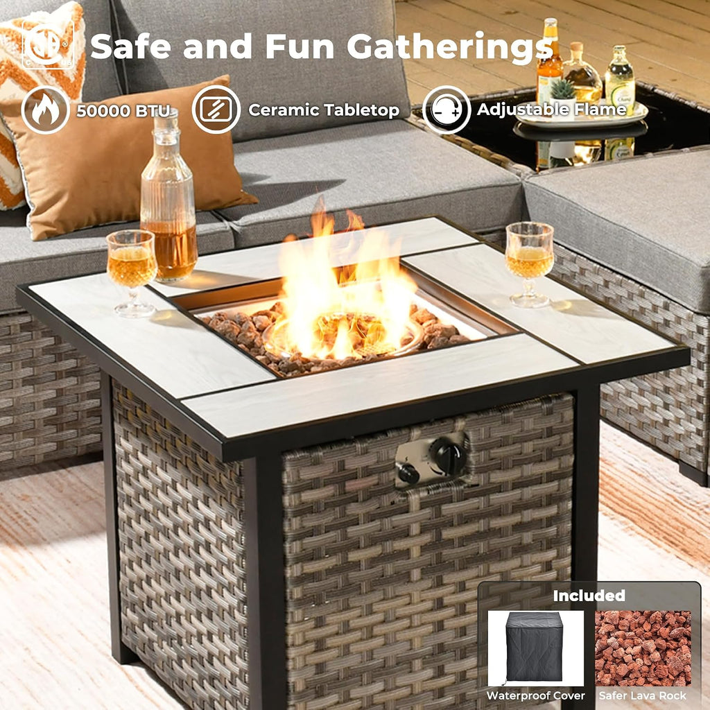 ovios 9 Pieces Patio Furniture Set, Outdoor Wicker Sectional Sofa with 30' Fire Pit Table Swivel Chair, Modern Modular Deep Seat Rattan Couch Conversation Sets, Dark Grey