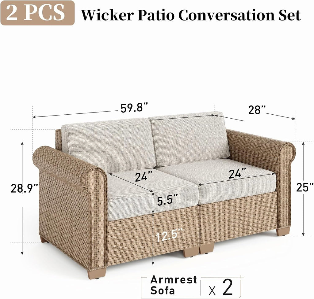 SUNSHINE VALLEY Patio Rattan loveseat, 2-Seat Wicker Rattan Sofa with 5.5' Thick Waterproof Cushions, All Weather Outdoor Conversation Set for Lawn Backyard Garden and Deck, Beige